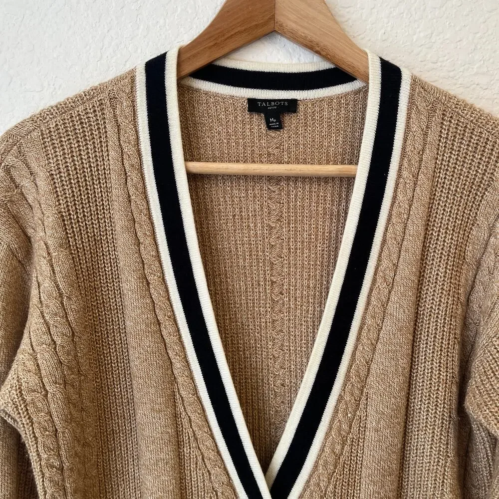 Talbots Cable Knit Cardigan‎ Old Money Womens MP Long Preppy Academia Cotton Tan